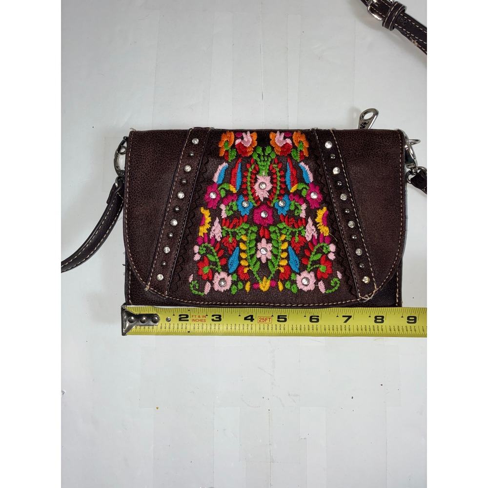 American Bling Montana West Brown Floral Embroidered Rhinestone Crossbody Purse - Picture 8 of 9